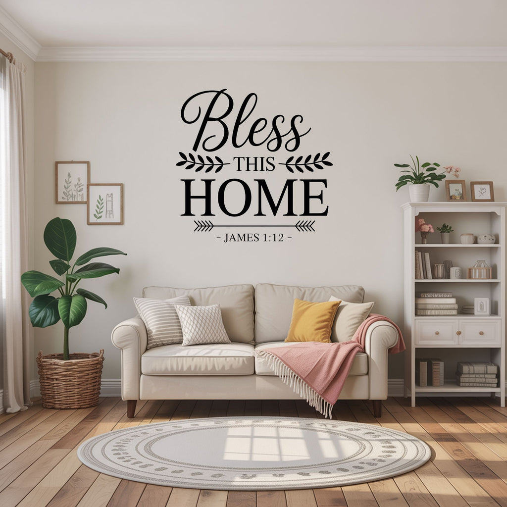 Bless This Home James 1:12 Bible Verse Wall Decal - Christian Scripture Quote Vinyl Sticker for Entryway, Living Room, Farmhouse Home Décor Vinyl Wall Decal Inspirational Wall Signs 
