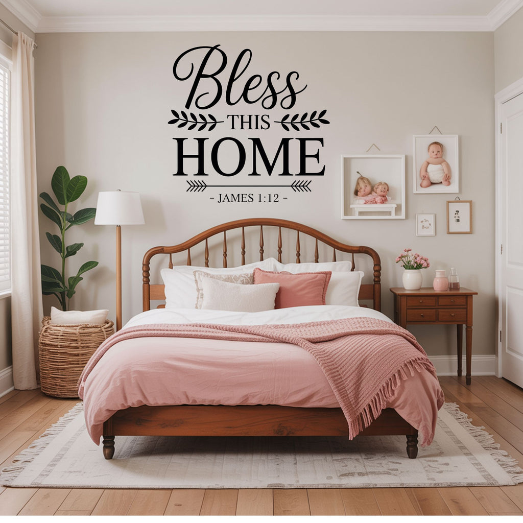 Bless This Home James 1:12 Bible Verse Wall Decal - Christian Scripture Quote Vinyl Sticker for Entryway, Living Room, Farmhouse Home Décor Vinyl Wall Decal Inspirational Wall Signs 
